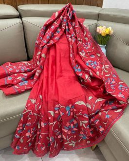 Red Pride Cotton Katha Stitch Saree