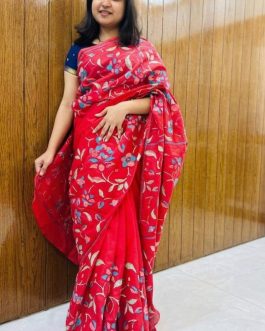 Red Pride Cotton Katha Stitch Saree