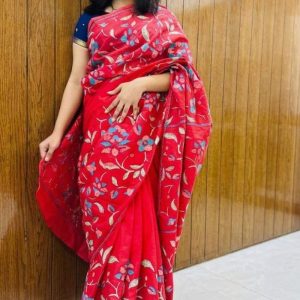 Red Pride Cotton Katha Stitch Saree